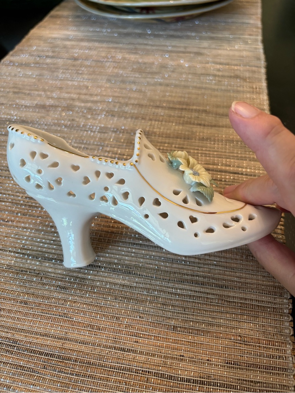 vintage ceramic Victorian shoe figurine . 8 by 4 “excellent condition